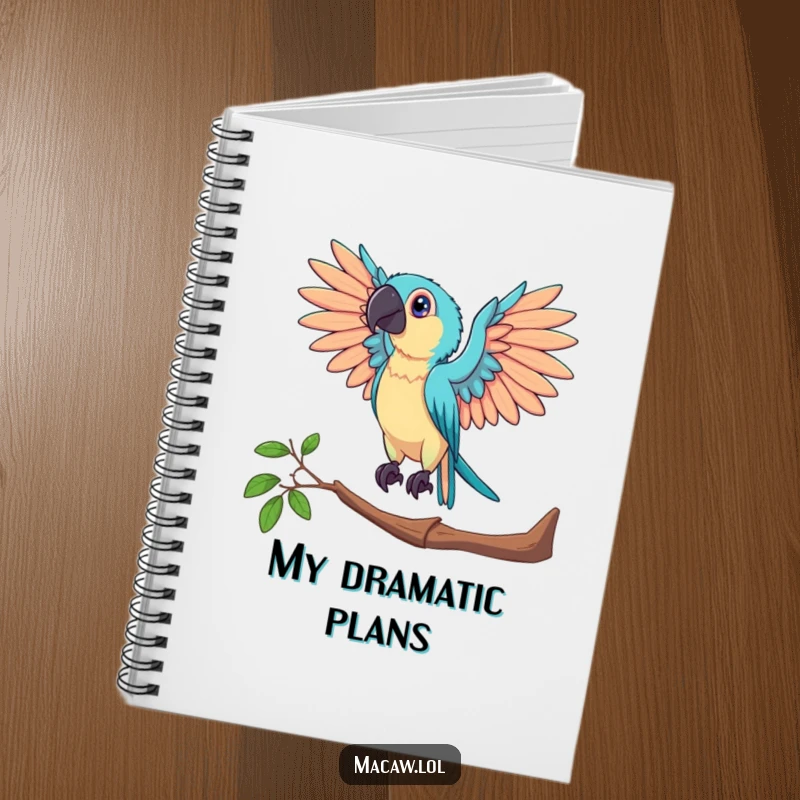 Funny notebook with a macaw bird posing dramatically with outstretched wings, perfect for jotting down grand ideas.