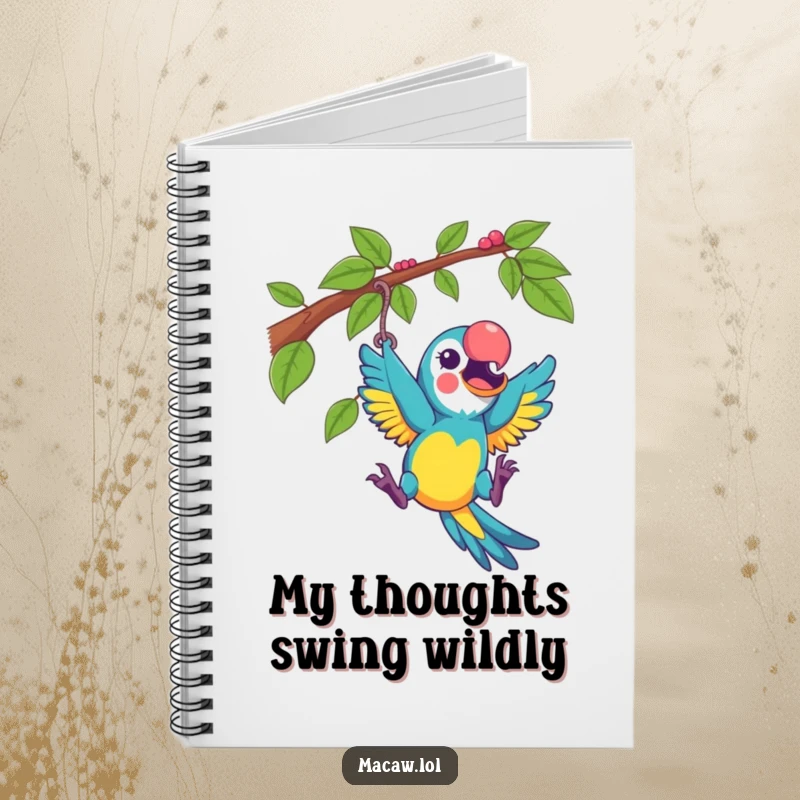 Funny macaw playfully swinging from a vine with excitement, on a notebook, perfect for jotting down playful ideas humorously.