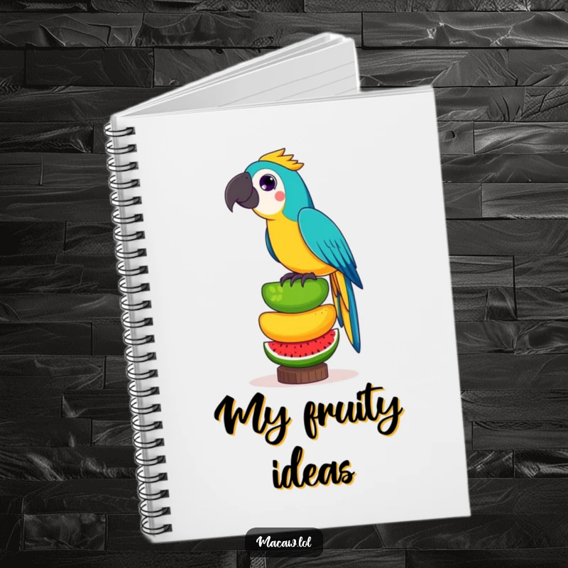 Funny notebook with a playful macaw bird balancing a precarious tower of exotic fruits, perfect for jotting down funny ideas.