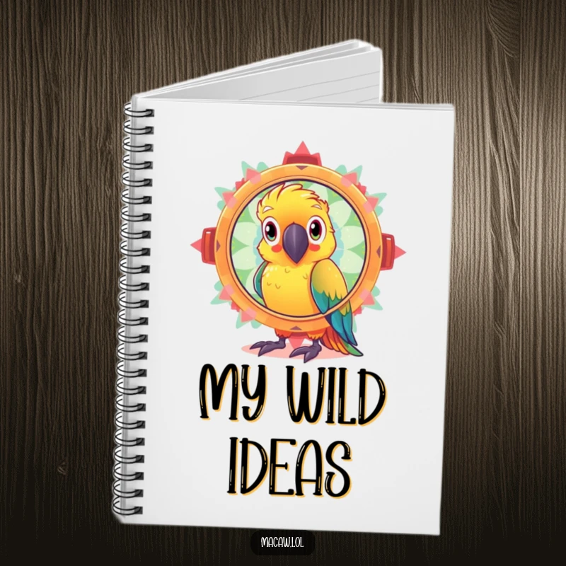 Funny notebook with a curious macaw bird looking through a giant, sparkling kaleidoscope, perfect for jotting down imaginative ideas.