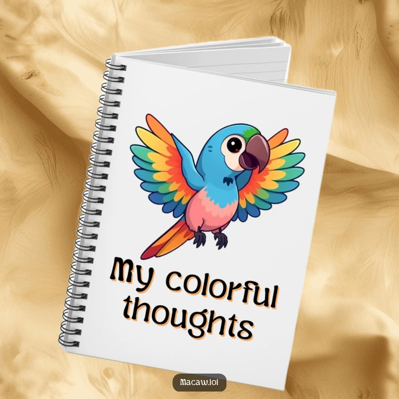Funny kawaii macaw notebook, featuring a bird spreading its wings with vibrant colors, perfect for journaling with artistic humor, an excellent funny gift.