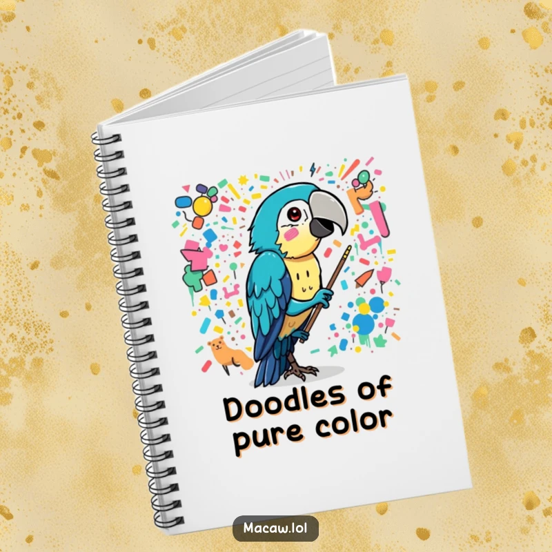 Funny macaw bird painting a chaotic, colorful mural with its beak, a humorous and inspiring notebook.