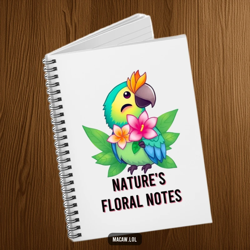 Funny macaw notebook with a bright bird offering a shimmering tropical flower, ideal for writing.