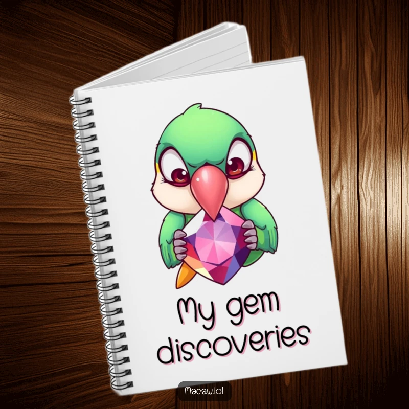 Funny Macaw Notebook: A macaw with exaggerated rolling eyes pecks at a giant gemstone, a delightful companion for notes and ideas.