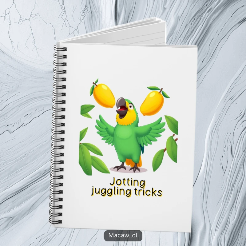 Funny macaw notebook with a laughing bird juggling mangoes, ideal for writing.