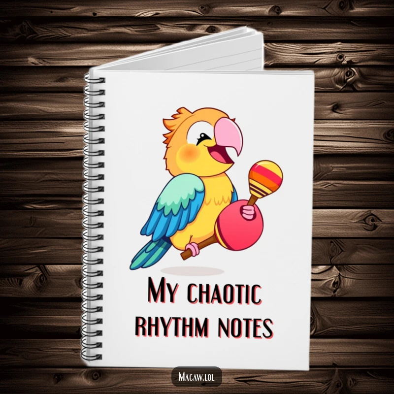 Funny macaw bird shaking a maraca with a joyful expression, a humorous and inspiring notebook.