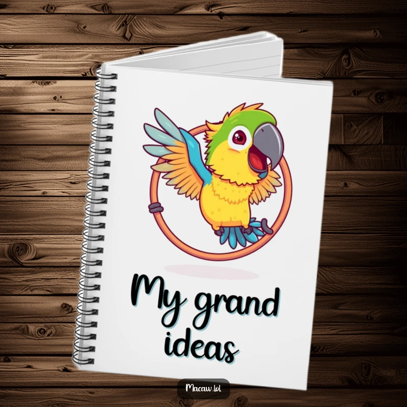 Funny Ruffled Macaw Hoop Notebook: A bird with ruffled feathers humorously attempting to fly through a hoop.