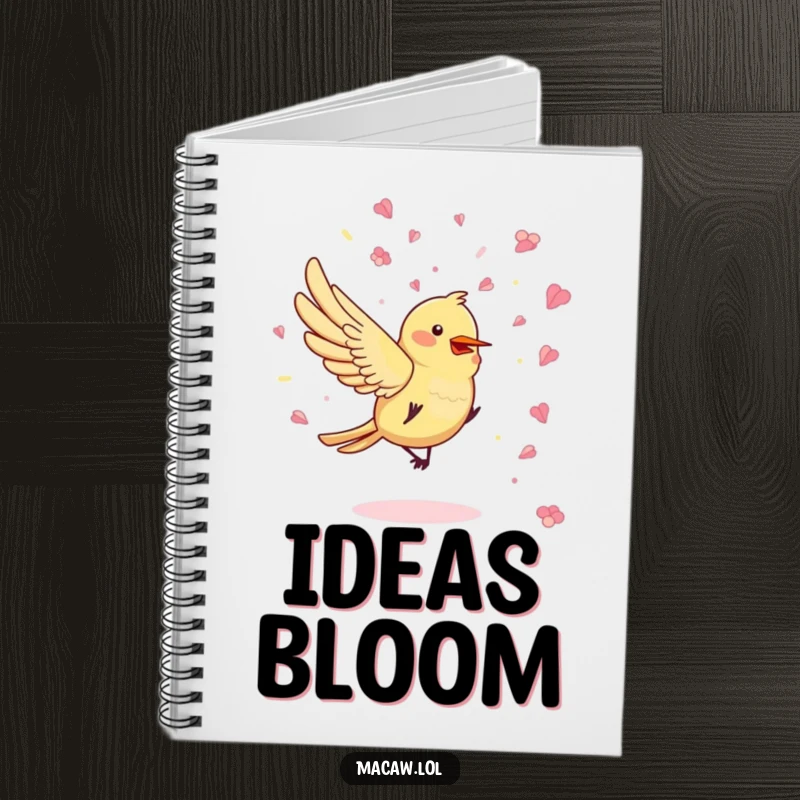 Funny Confetti Bird Notebook featuring a bird playfully scattering flower petal confetti, designed for joyful note-taking.