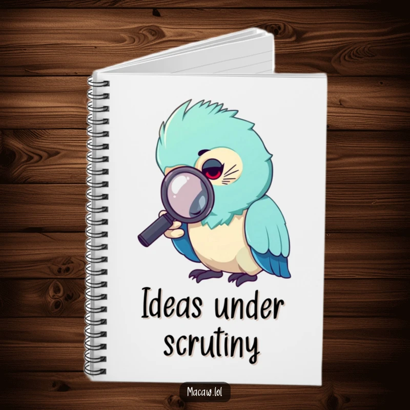Funny macaw notebook, a macaw bird peering through a magnifying glass at a notepad.