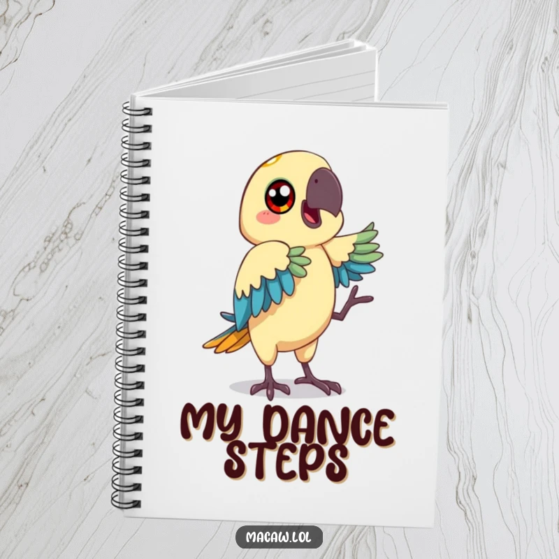 Funny macaw notebook with a happy-eyed bird making a funny dance move, ideal for writing.