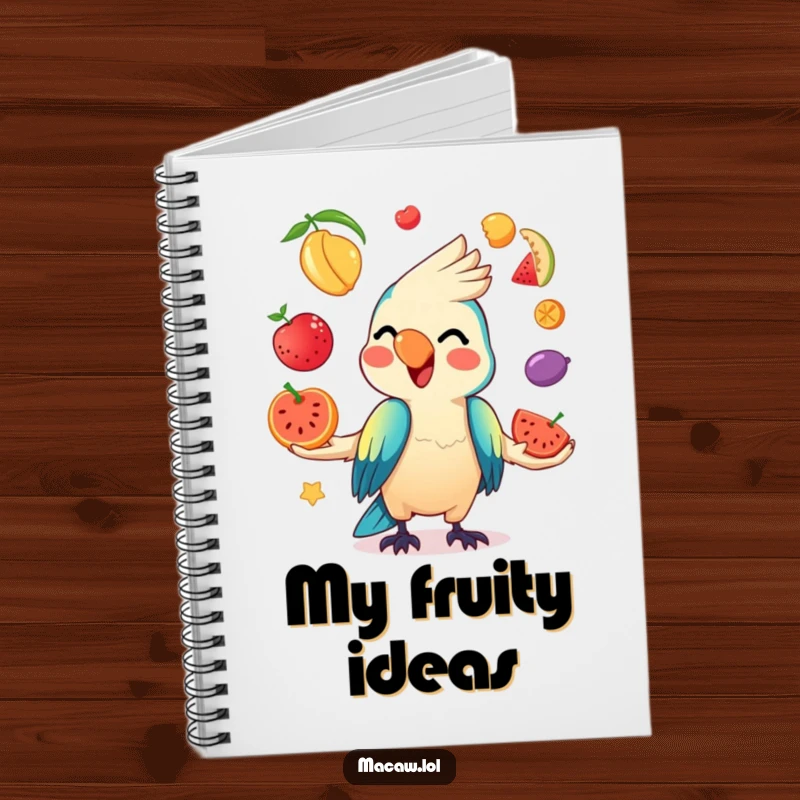 Funny Kawaii Macaw Notebook with a mischievous macaw juggling colorful fruits, ideal for jotting down creative ideas.