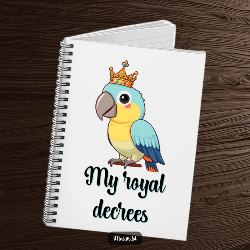 Funny Macaw Notebook: A proud macaw bird balances a tiny, ornate crown on its head, inspiring regal thoughts and creativity.