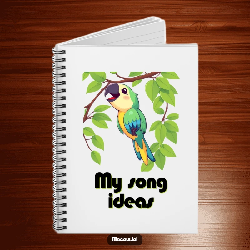 Funny macaw notebook with a delighted bird swinging on a vine and singing loudly, ideal for writing.