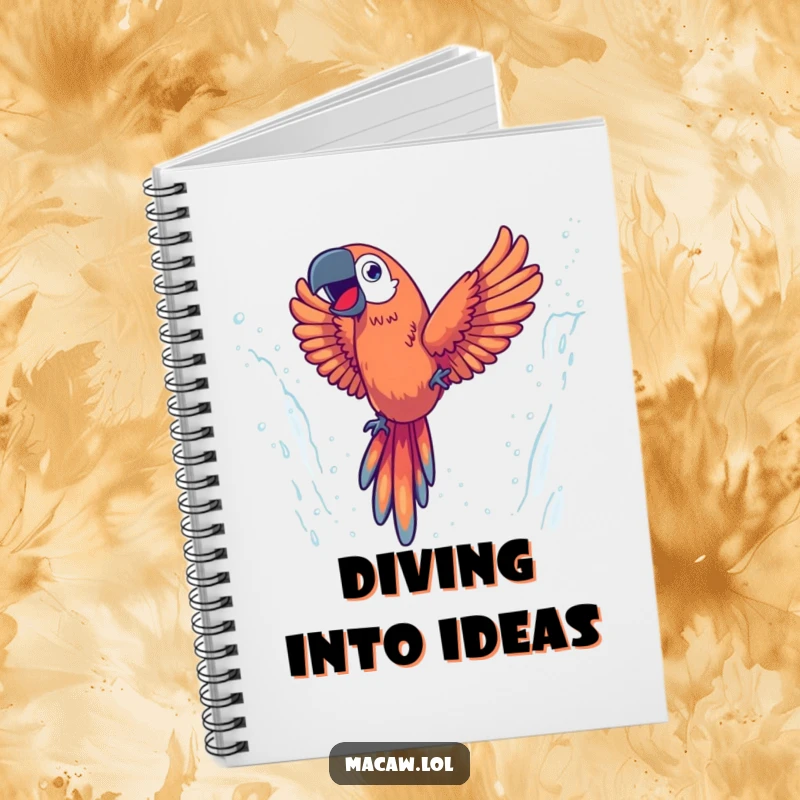 Funny notebook with an energetic macaw diving through a misty waterfall, ideal for jotting down adventurous ideas and thoughts.