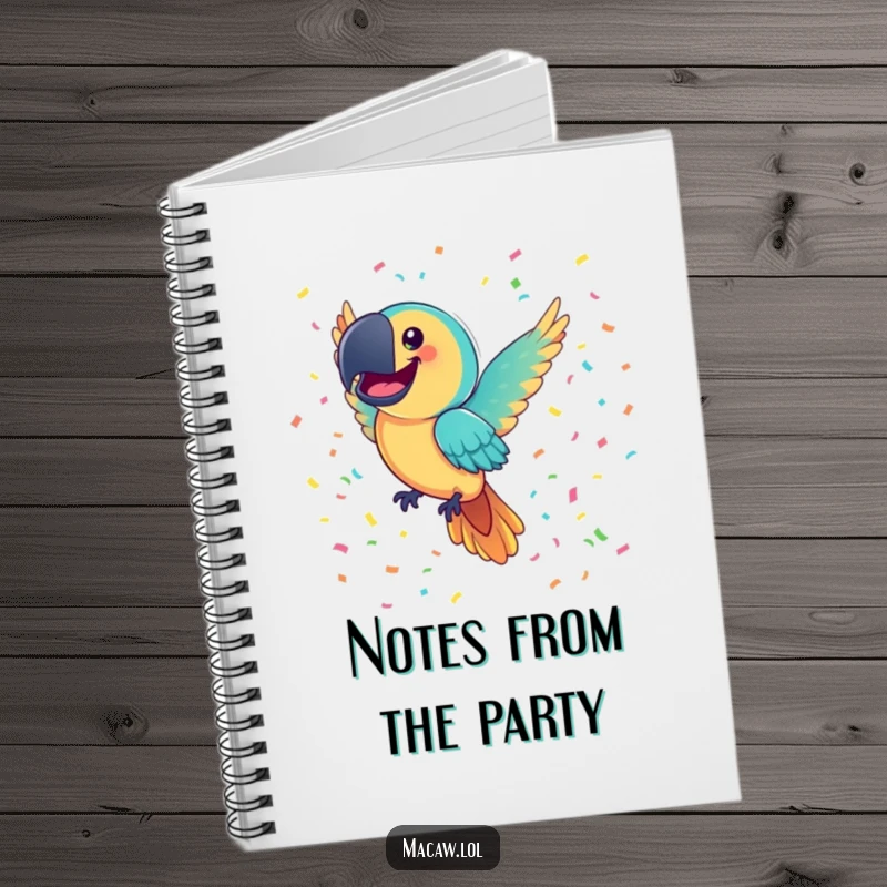 Funny Macaw Notebook: A joyful macaw bird with a comically large smile flies through colorful confetti, inspiring celebration and creativity.
