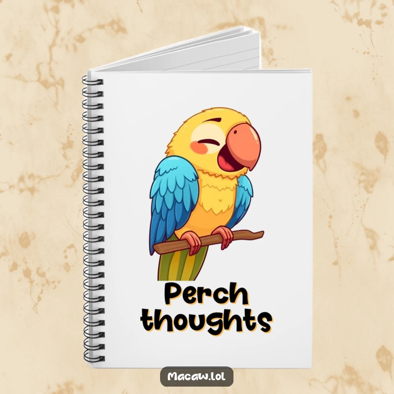 Funny Macaw Face Notebook: A cute macaw with a funny expression, testing a new perch, perfect for jotting down humorous thoughts.