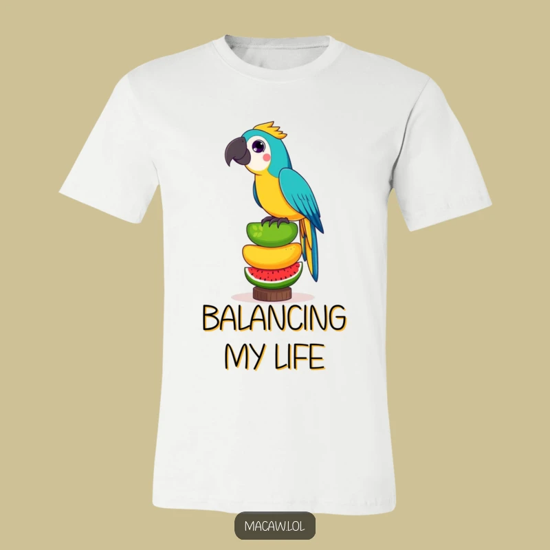 Funny Fruit Stunt Macaw T-Shirt: Playful Bird Balancing Act Tee Gift