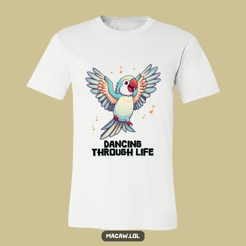 Funny Dancing Macaw T-Shirt: Wings Spread Wide, Music Fan Tee, Gift