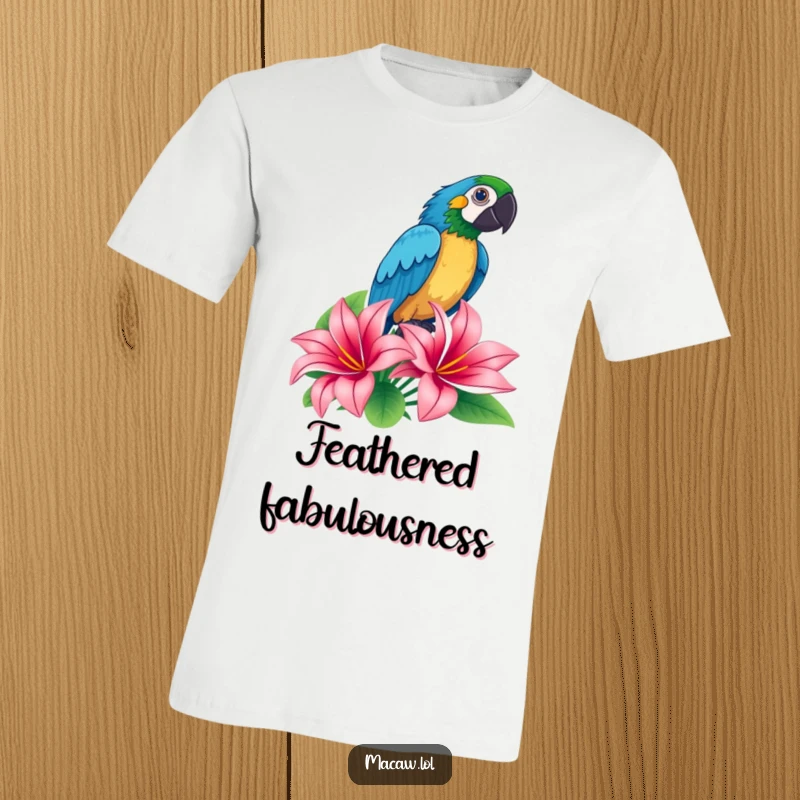 Funny macaw striking a dramatic proud pose atop a tropical flower on a t-shirt, a vibrant and humorous design.