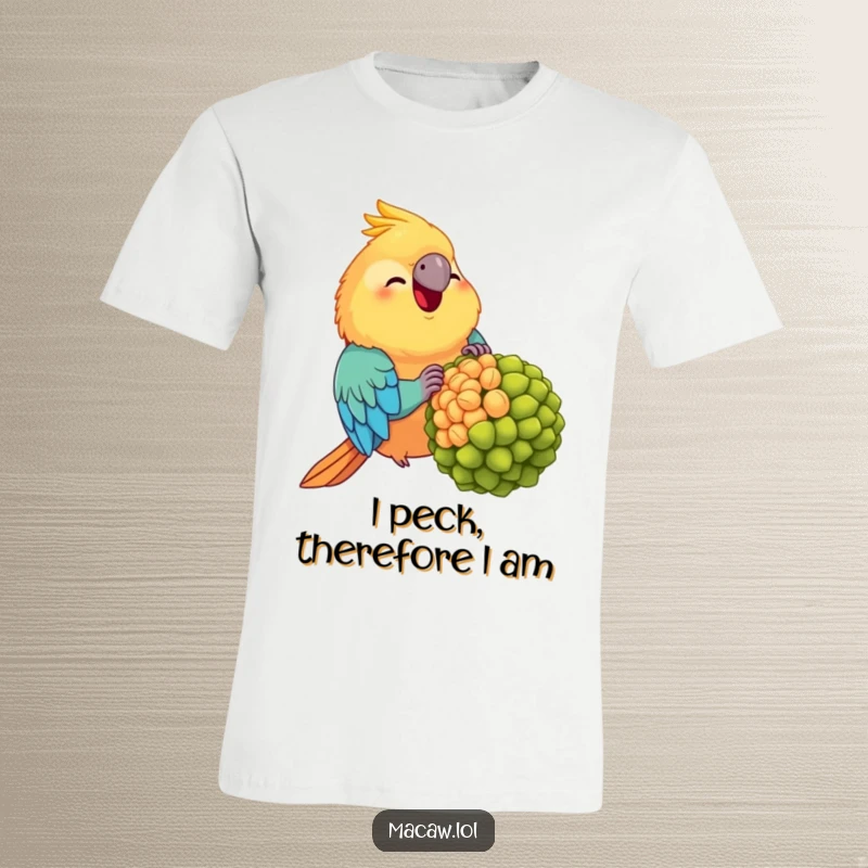 Funny Chubby Macaw T-Shirt: A comical, portly macaw gleefully devouring an oversized seed, showcasing its funny, overstuffed joy.