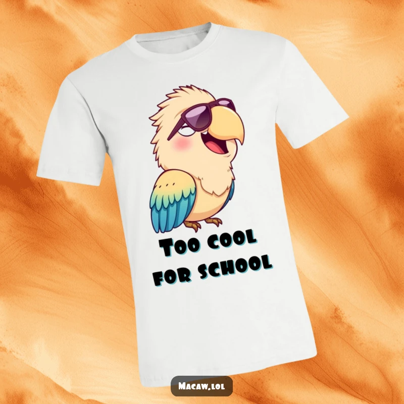 Funny t-shirt showcasing a cheerful macaw bird squawking happily, looking undeniably cool in a pair of trendy sunglasses.