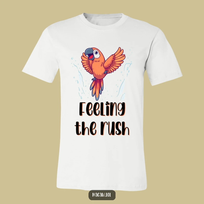 Funny Energetic Macaw T-Shirt, Dive into Waterfall Fun