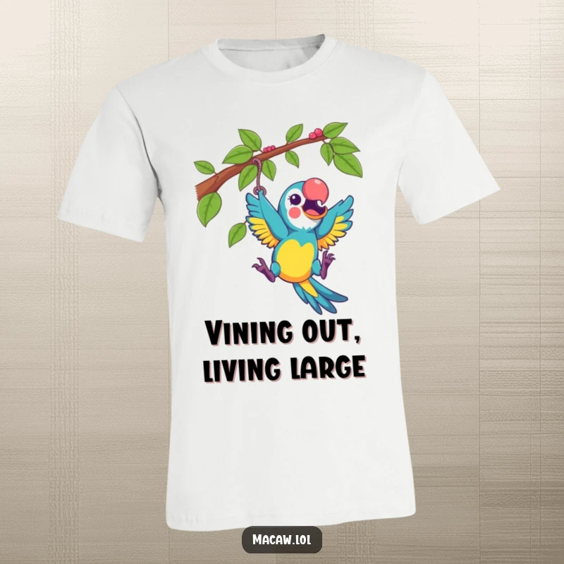 Funny macaw playfully swinging from a vine with excitement on a t-shirt, a vibrant and humorous design.
