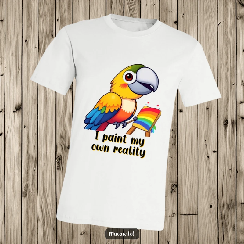 Funny t-shirt featuring a happy macaw bird with a huge smile, actively painting a vivid, multi-colored rainbow with artistic flair.