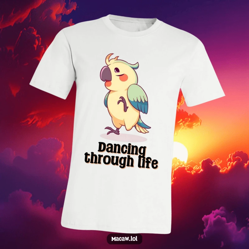 Funny T-shirt depicting a joyful macaw in mid-dance, its foot rhythmically tapping to an unseen beat.