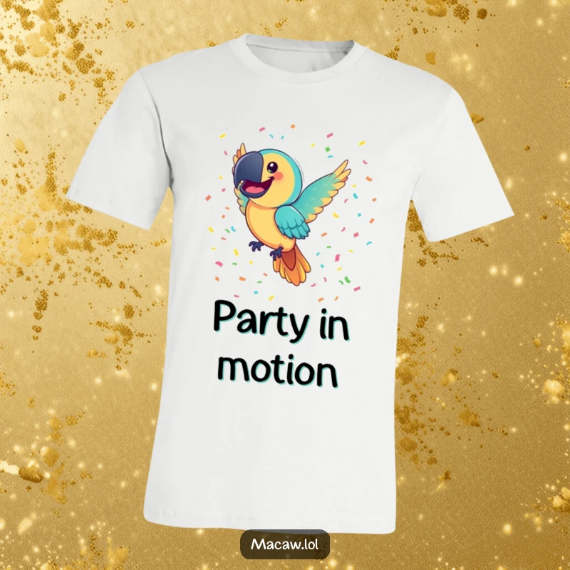 Funny Macaw T-Shirt: A joyful macaw bird with a comically huge smile flies joyfully through colorful confetti, embodying pure celebration.