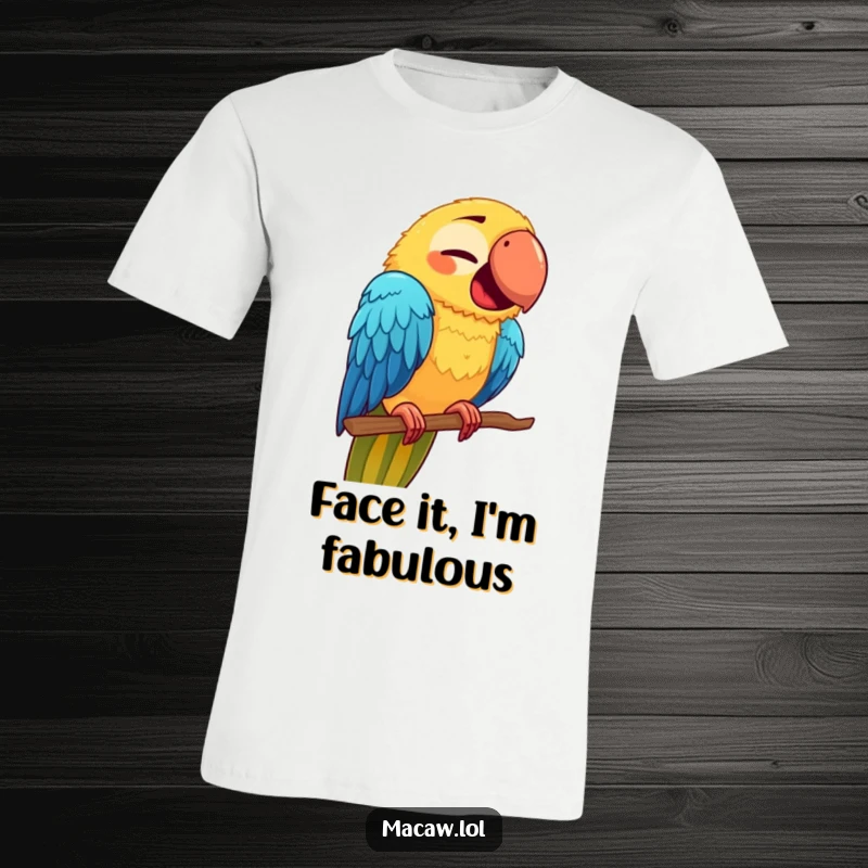 Funny Macaw Face T-Shirt: A cute macaw with a contorted, funny expression, navigating a new perch with humorous effort.