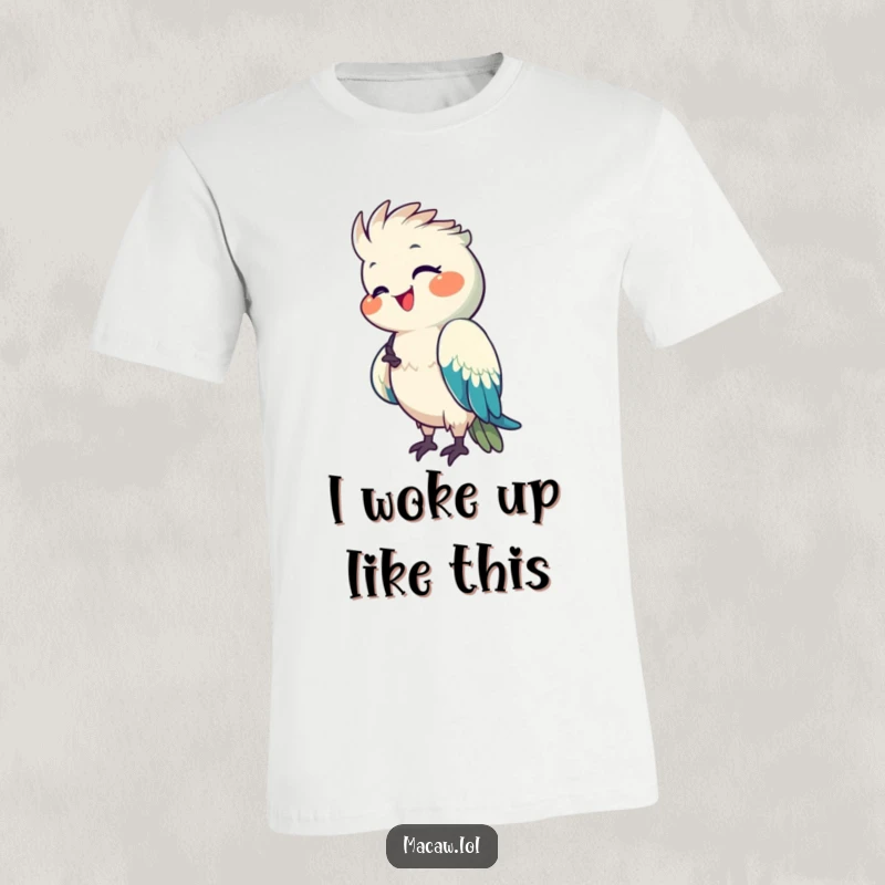 Funny Macaw T-Shirt depicting a happy macaw meticulously preening its vibrant, colorful feathers with a look of pure satisfaction.