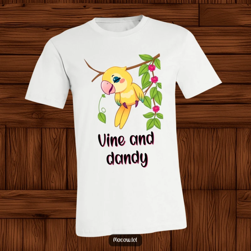 Funny macaw bird t-shirt, playful bird tugging on a dangling vine, jungle adventure, humorous apparel, great gift.