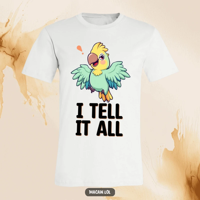 Funny t-shirt featuring an expressive macaw bird with exaggerated wing movements, enthusiastically telling a story.