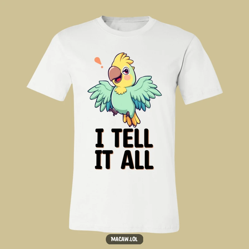 Funny Storyteller Macaw T-Shirt: Wear your tales with flair, a humorous funny gift.