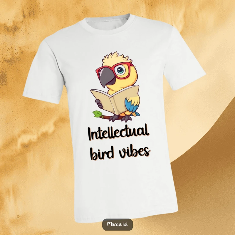 Funny Macaw T-Shirt: A scholarly macaw bird wearing glasses reads intently from a large leaf.