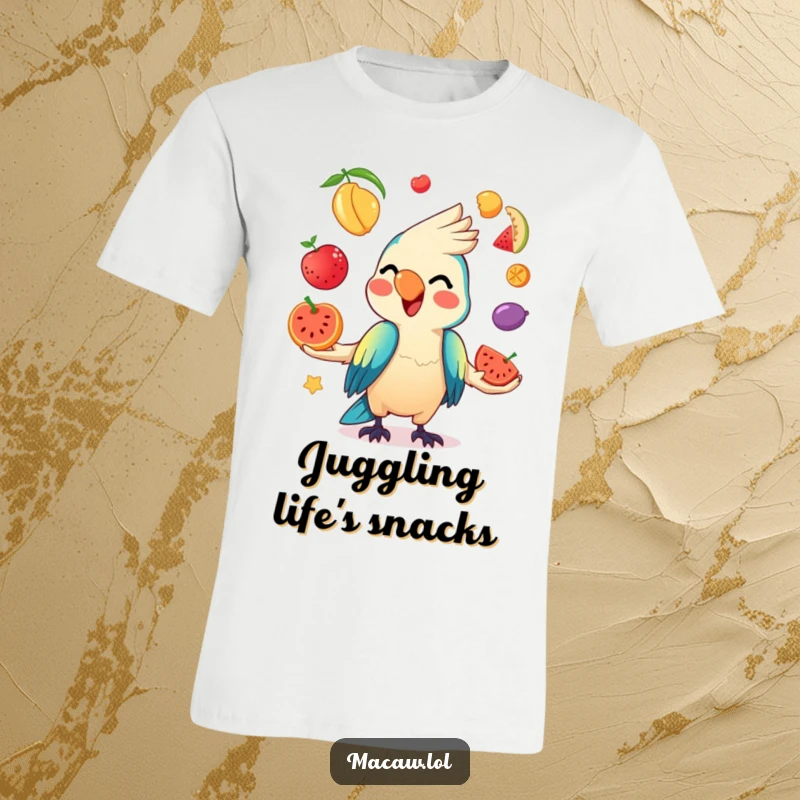 Funny Kawaii Macaw T-Shirt featuring a mischievous macaw juggling various colorful fruits with a playful grin.