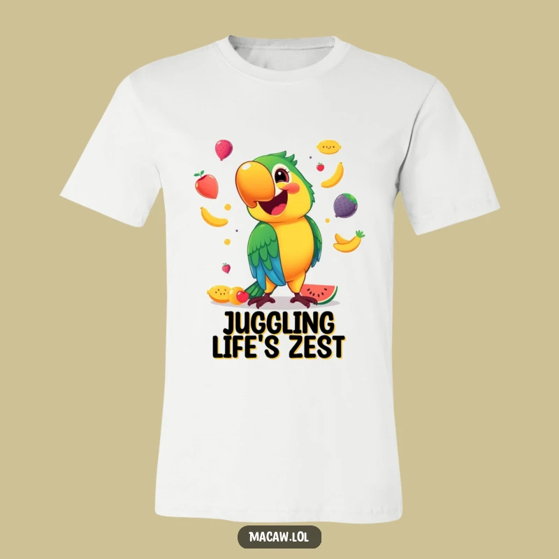 Funny Smiling Macaw T-Shirt: Fruit Juggling Fun, Joyful Gift