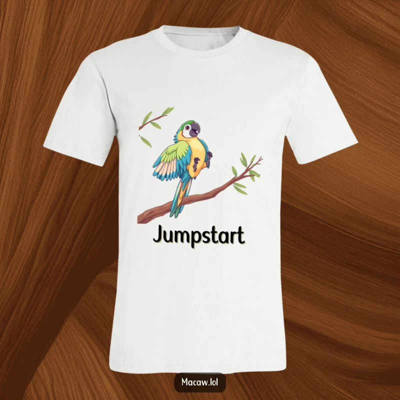 Funny Macaw Acrobat T-Shirt: A colorful macaw executes a dramatic leap between perches, embodying bravery and a humorous adventurous spirit.