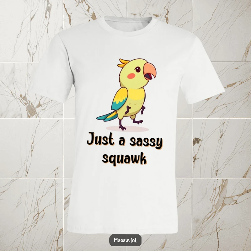 Funny kawaii macaw bird performing a delightful hop dance, showcasing its playful personality and vibrant plumage on a comfortable tee.