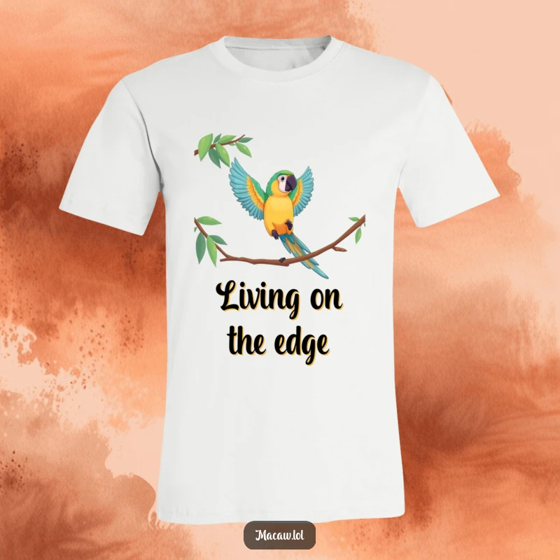 Funny macaw t-shirt featuring a bird executing a spectacular, dramatic leap between perches, celebrating its daring spirit.