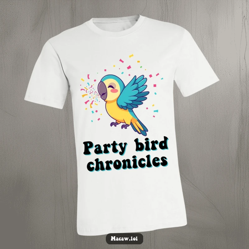 Funny macaw t-shirt featuring a playful bird joyfully expelling a stream of colorful confetti, perfect for festive celebrations.