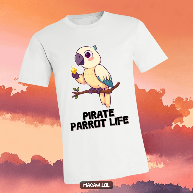 Funny macaw t-shirt, a pirate parrot perched on a branch, proudly holding a shiny, glittering treasure in its claw.