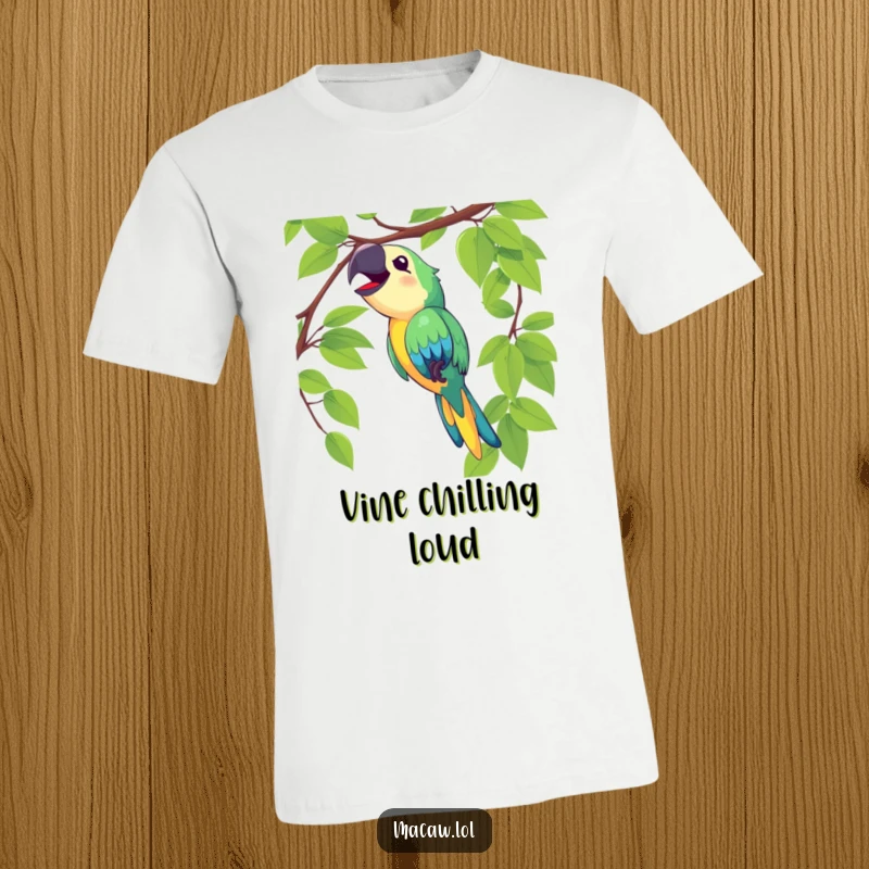 Funny macaw t-shirt depicting a delighted bird swinging on a vine and singing loudly, perfect for casual wear.