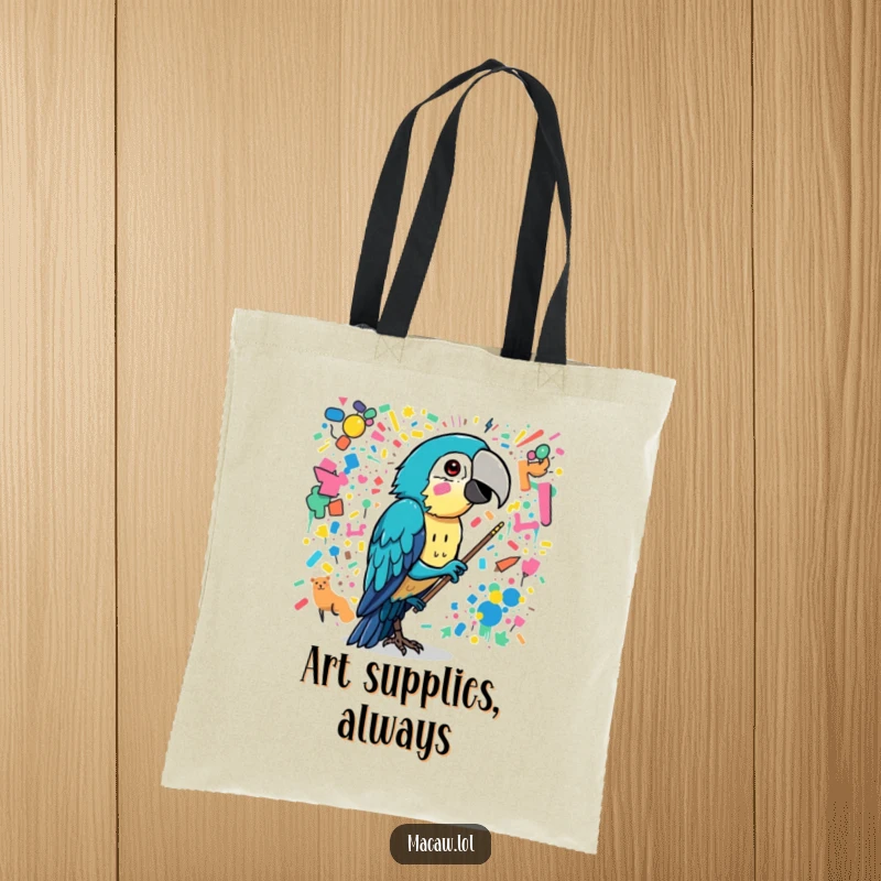 Funny macaw bird painting a chaotic, colorful mural with its beak, a humorous and practical tote bag.