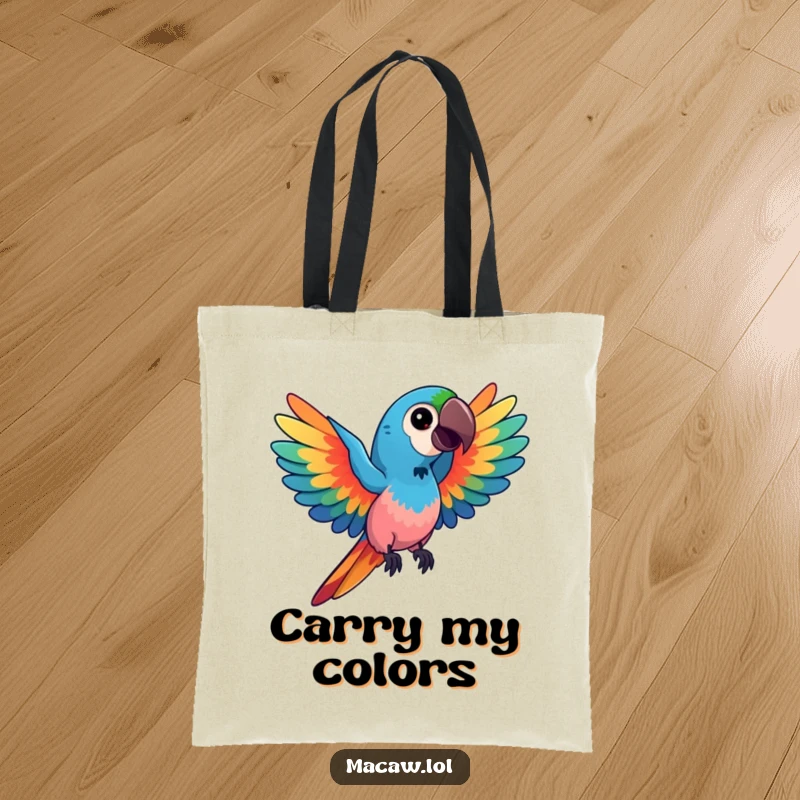 Funny kawaii macaw tote bag, showcasing a bird with spread wings in vibrant, swirling colors, perfect for carrying essentials with artistic flair, a funny gift.