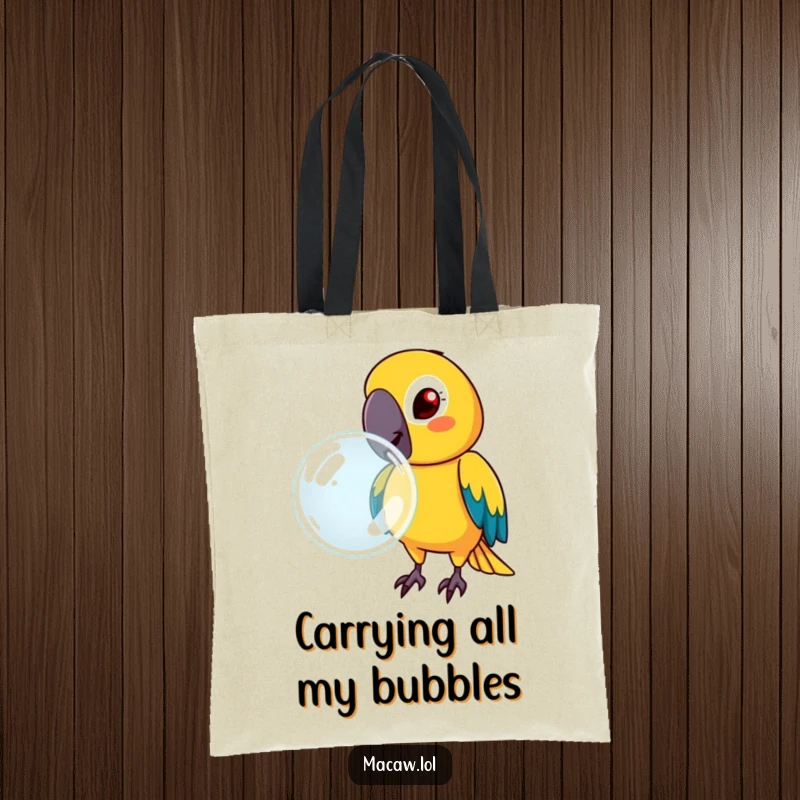 Funny macaw with a determined face, blowing a large bubble, on a tote bag, a practical and humorous accessory.
