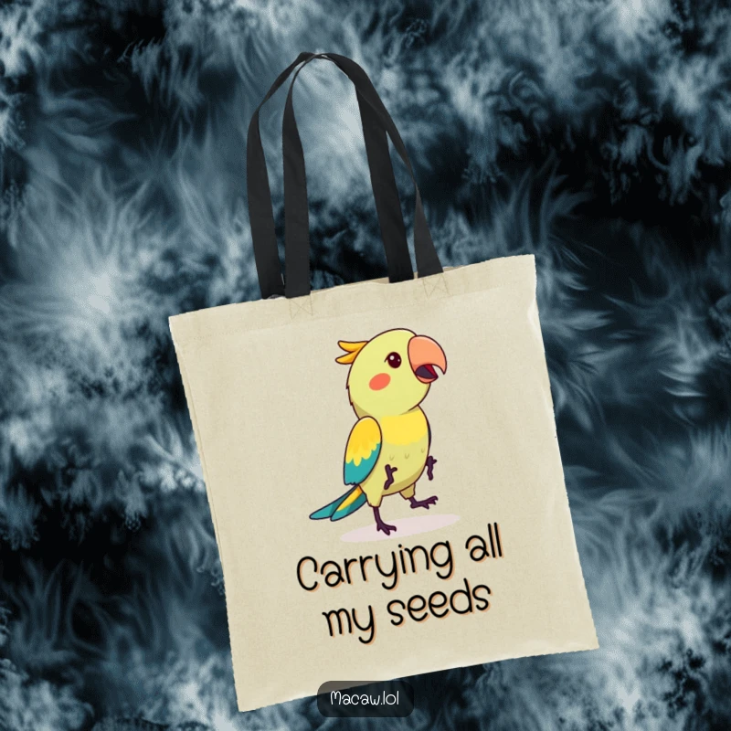 Funny kawaii macaw bird mid-hop dance, depicted on a durable tote bag, ready to carry your items with a smile.