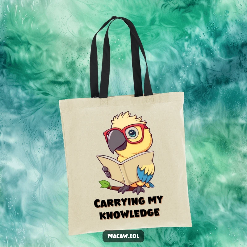 Funny Macaw Tote Bag: A whimsical tote featuring a scholarly macaw bird wearing spectacles and reading.