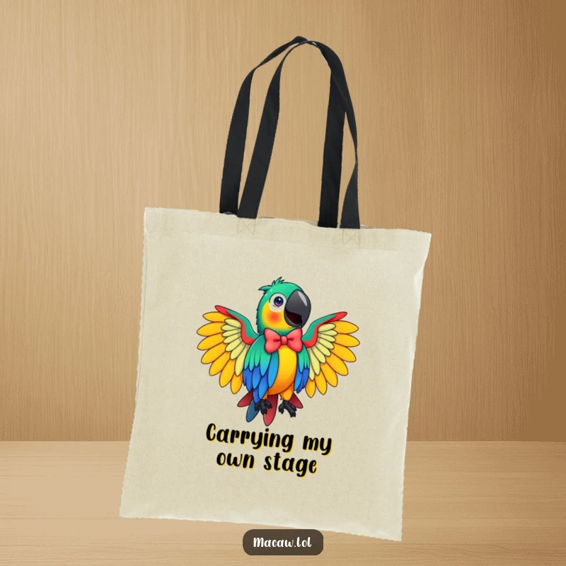 Funny Macaw Tote Bag depicting a vibrant bird in a grand, flamboyant bow, ideal for stylish and humorous everyday use.